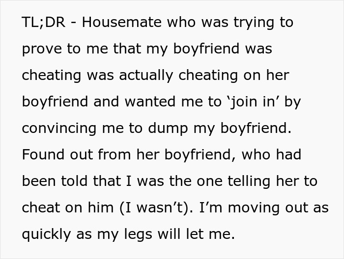 Text about woman fabricating evidence of cheating to convince friend to dump boyfriend, but plan backfires revealing betrayal.