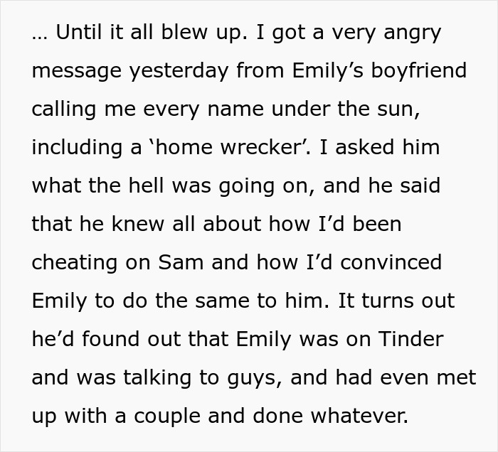 Text excerpt describing a woman fabricating cheating evidence to convince a friend to dump her boyfriend, plan backfiring.
