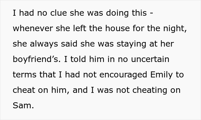 Text excerpt from a story showing a woman denying fabricating evidence of cheating to convince a friend to dump her boyfriend.