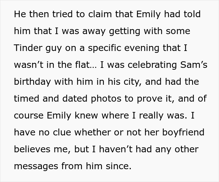 Text excerpt showing a woman fabricates evidence of cheating to convince her friend to dump her boyfriend, plan backfires.