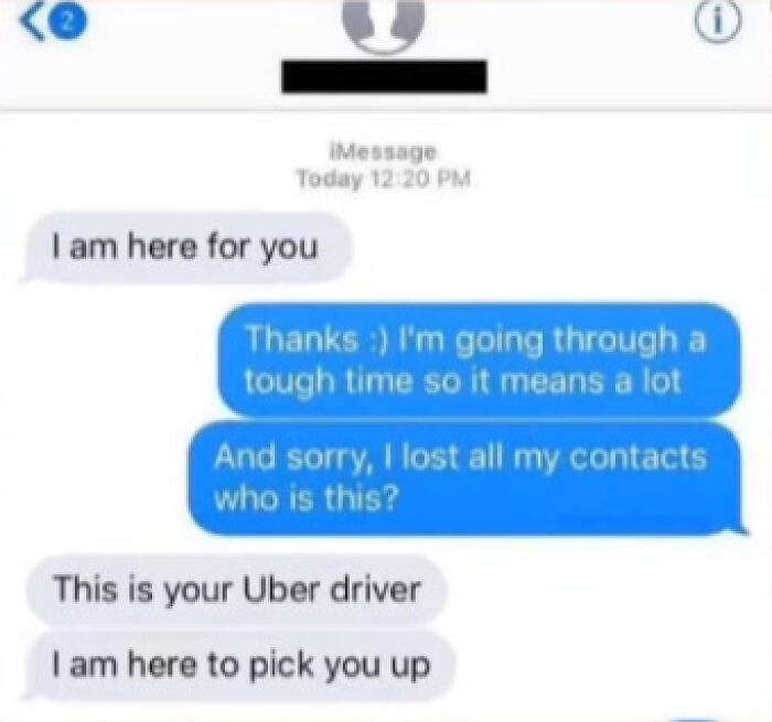 Text message exchange showing a funny and unhinged conversation from an Uber driver confirming pickup.