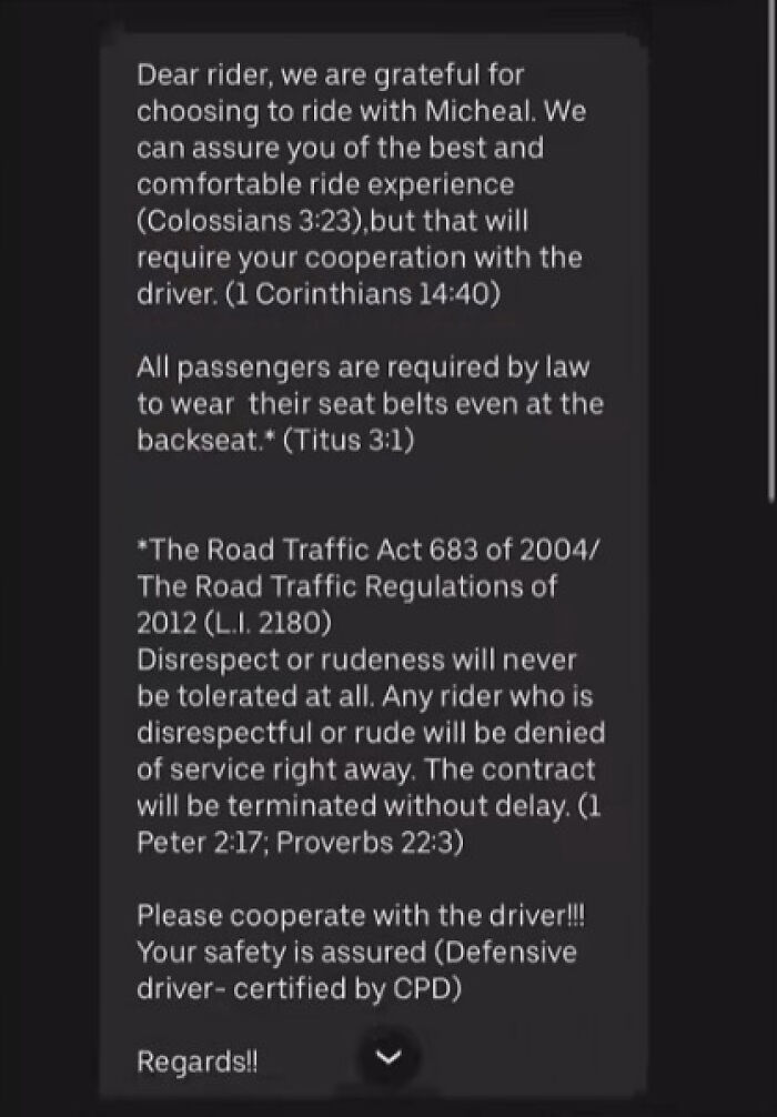 Screenshot of a humorous Uber driver text emphasizing passenger cooperation, safety, and seat belt laws.