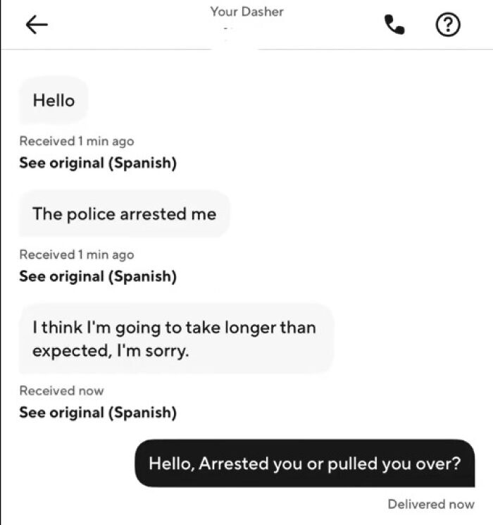 Screenshot of funny and unhinged texts from Uber drivers discussing being arrested and delayed.