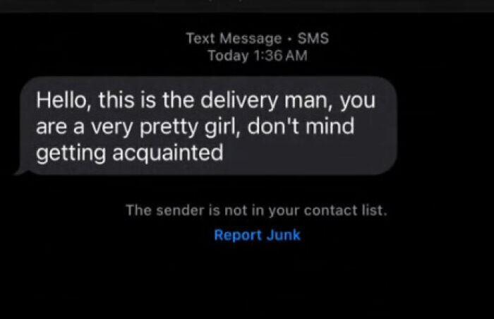 Text message from an unknown sender with a message about delivery, showcasing funny and unhinged texts from Uber drivers.