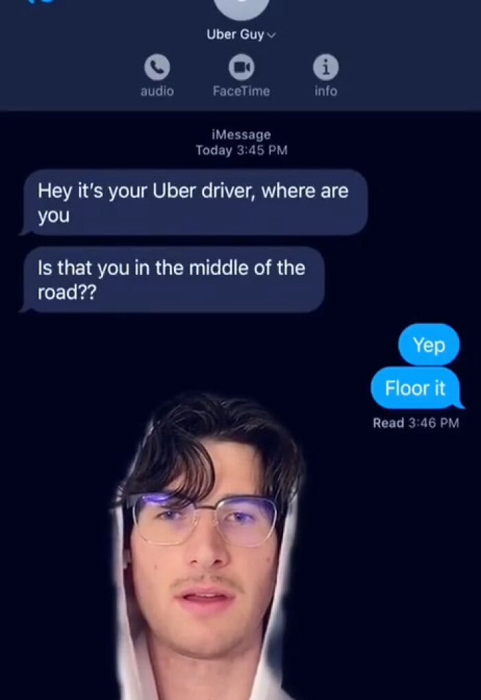 Text messages between an Uber driver and passenger with a young man’s face below, illustrating funny Uber driver texts.