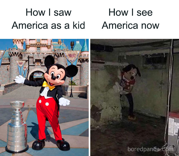 Comparison meme showing optimistic childhood view of America with Mickey Mouse at Disneyland versus dark, creepy view now in a basement for dark humor memes