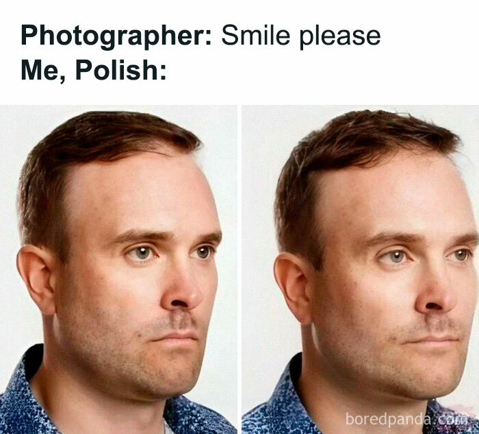 Man in two photos showing typical Eastern European expression when asked to smile, capturing the Eastern European experience humorously.