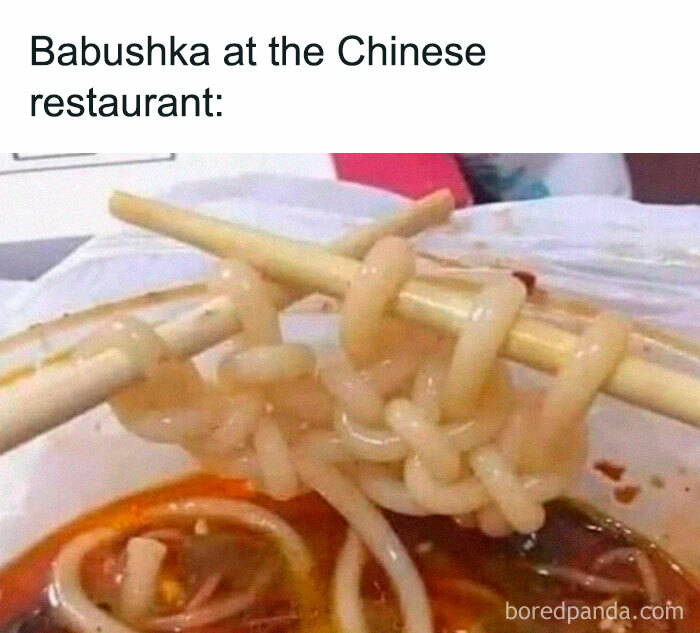 Unintentionally tangled noodles on chopsticks in a humorous meme about the Eastern European experience.