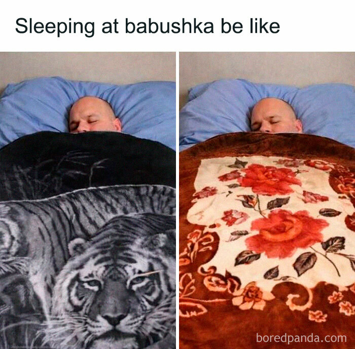 Man sleeping under two different thick floral and animal print blankets, capturing Eastern European experience humor.