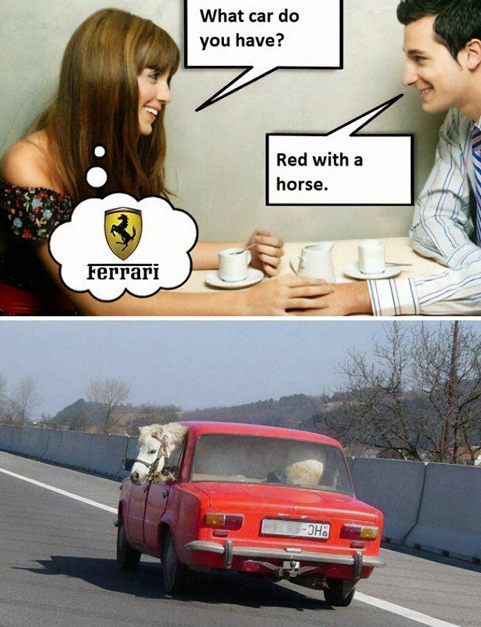 Couple humorously discussing cars with a red car towing a horse, highlighting funny pics and memes about Eastern European experience.
