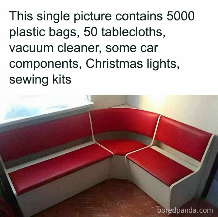 Corner bench made from recycled plastic bags and household items, highlighting a funny Eastern European experience meme.