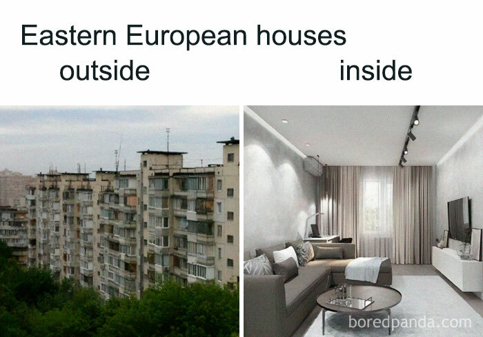 Eastern European houses showing worn exterior apartment blocks contrasted with modern, cozy interior living room design.