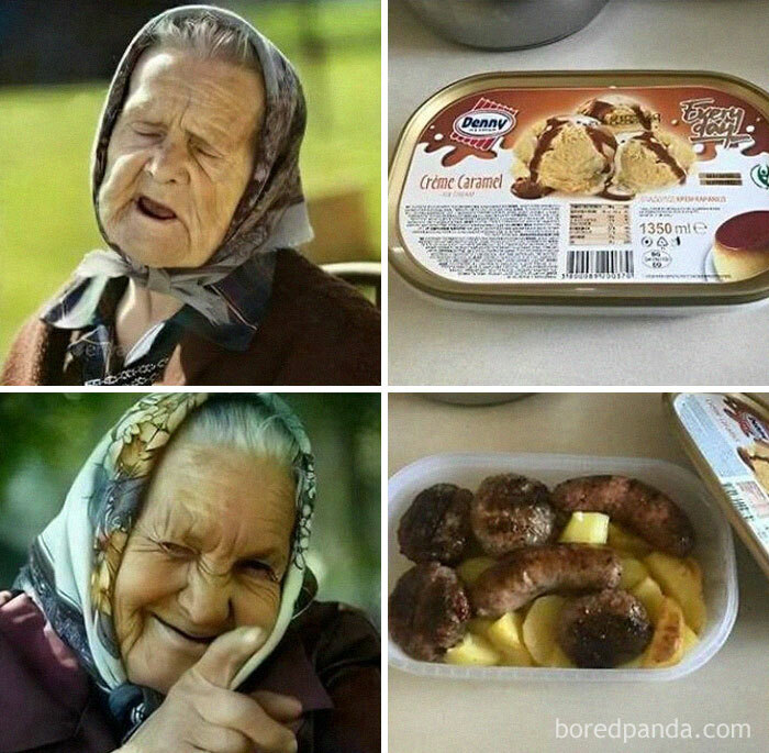 Elderly Eastern European woman with headscarf and container with unexpected food inside, capturing Eastern European experience humor.