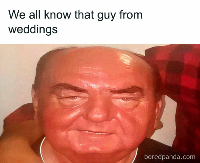 Man with flushed red face and tired eyes, captioned about a familiar wedding guest, capturing Eastern European humor.