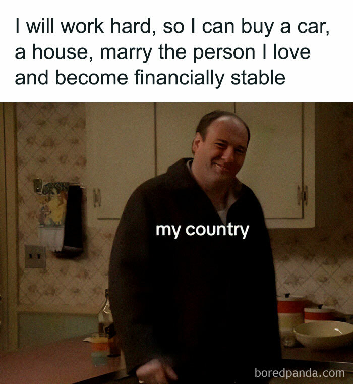Man smiling with text about working hard and "my country" humor, capturing funny Eastern European experience memes.