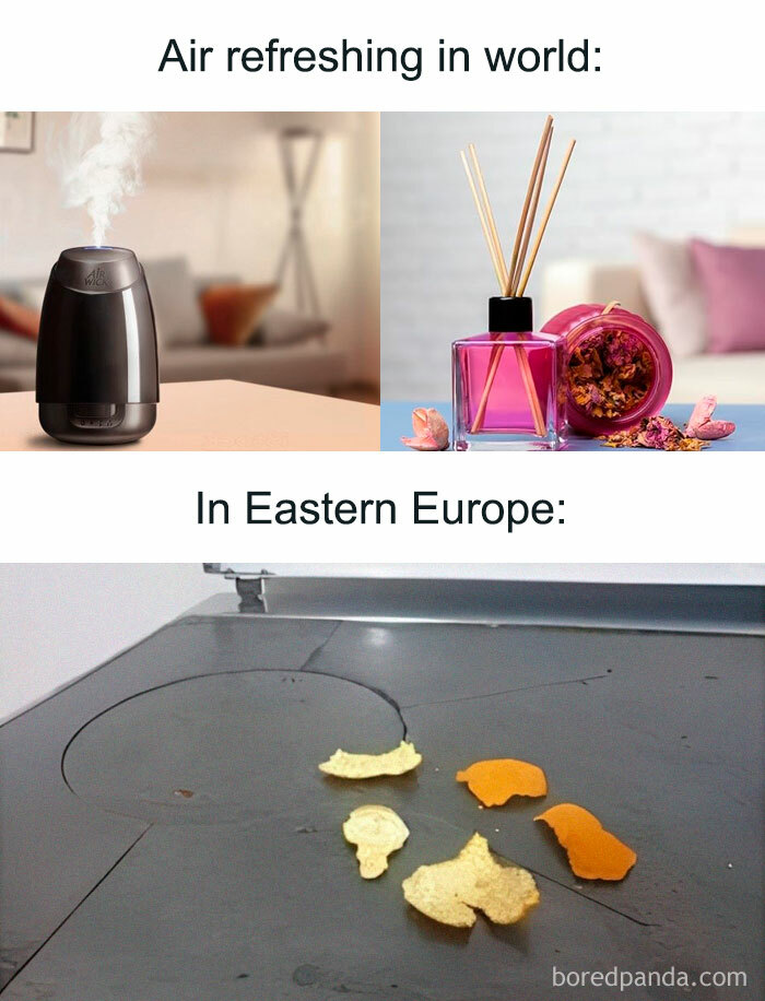 Comparison of modern air fresheners and improvised Eastern European air freshening using peels on a stove surface.