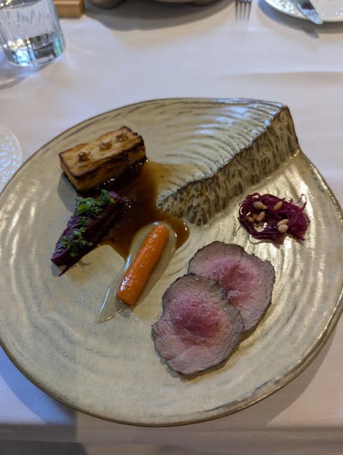 Woke up expecting a normal day - plated gourmet dish with sliced roast, glazed carrot, potato cube and red cabbage garnish