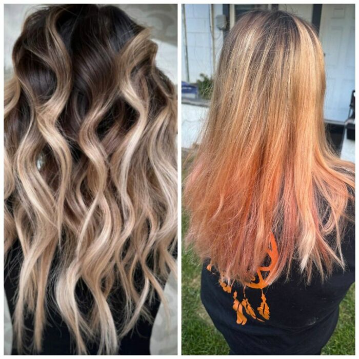 Side-by-side images showing one styled wavy hair and one disastrous hairstyle with uneven coloring and texture.