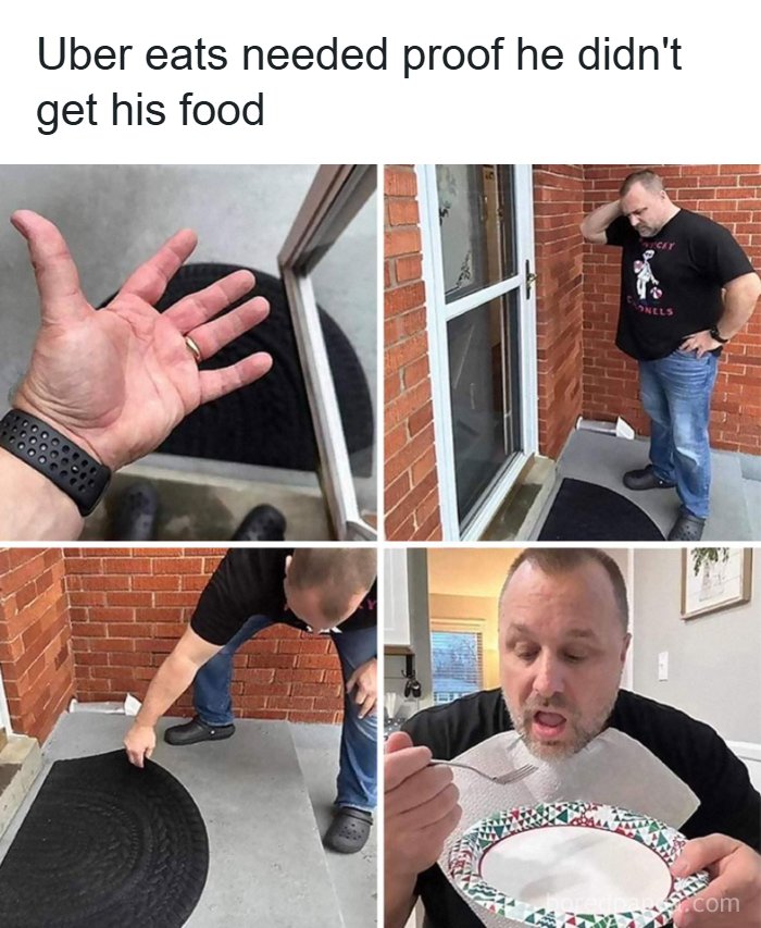 Man showing missing food and under the doormat in a funny meme from hilarious meme account dedicated to making people laugh.