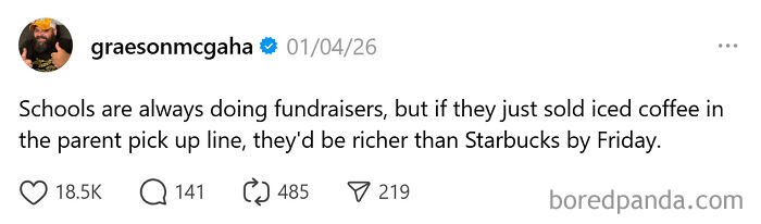 Tweet humorously highlighting the unintentionally comedic moments of parenting about school fundraisers and iced coffee sales.