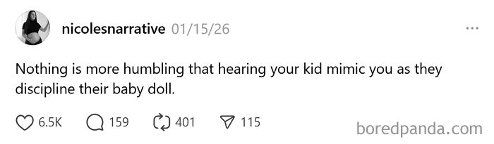 Tweet about the unintentionally comedic moments of parenting showing a child mimicking discipline with a baby doll.