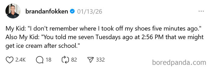 Tweet showing unintentionally comedic moments of parenting with a child’s funny and forgetful statements about shoes and ice cream.