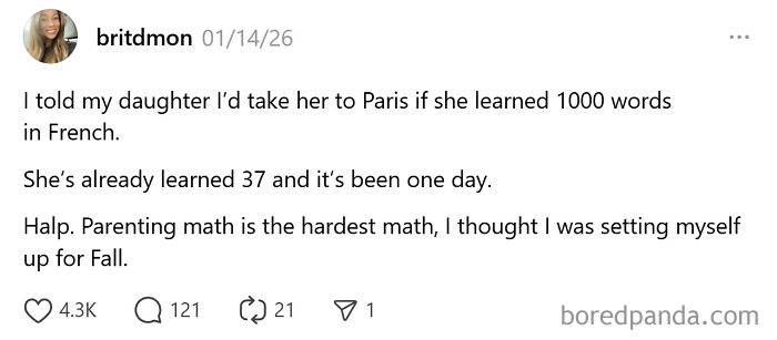 Tweet showing unintentionally comedic moments of parenting about learning French and parenting math struggles.