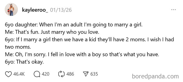 Tweet showing unintentionally comedic moments of parenting featuring a humorous conversation between parent and 6-year-old daughter.