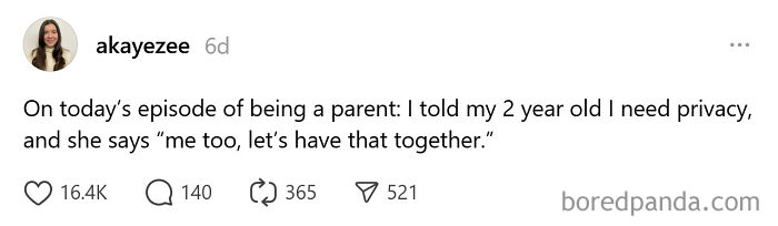 Tweet about unintentionally comedic moments of parenting showing a toddler wanting privacy together with parent.