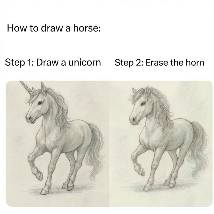 Sketch of a unicorn with a horn in step one, and a horse without a horn in step two, funny memes with randomness humor.