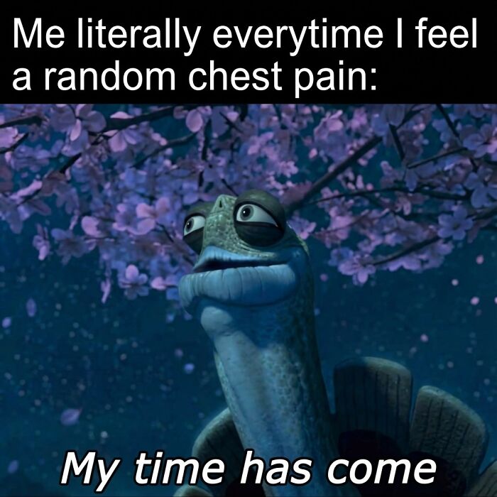 Funny memes featuring a turtle with a serious expression about feeling random chest pain and saying my time has come.