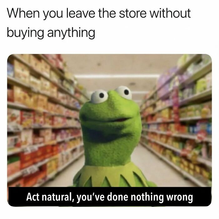 Kermit meme in a grocery store aisle joking about leaving without buying anything, fitting funny memes randomness theme.