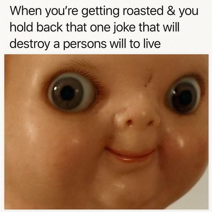 Close-up of a doll’s face with wide eyes and a subtle smile, capturing the randomness in funny memes.