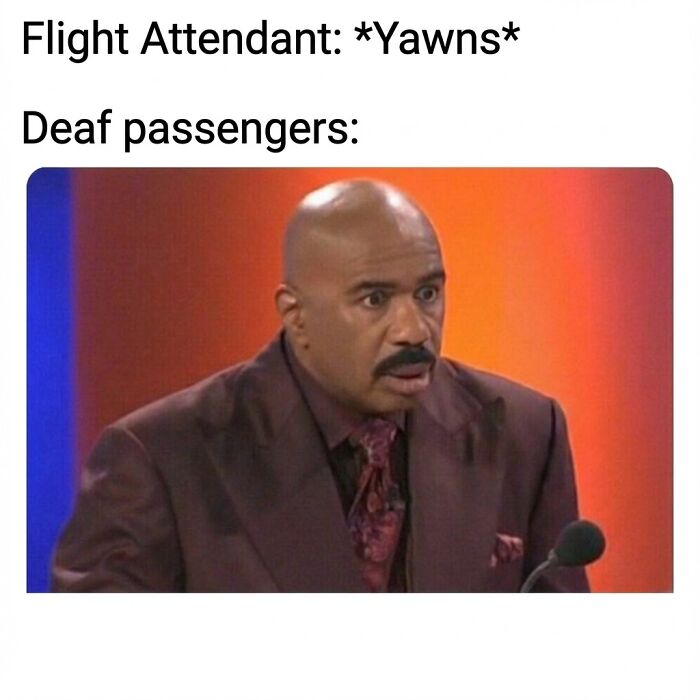 Man in suit looking shocked and confused in a funny meme about flight attendants and deaf passengers randomness.