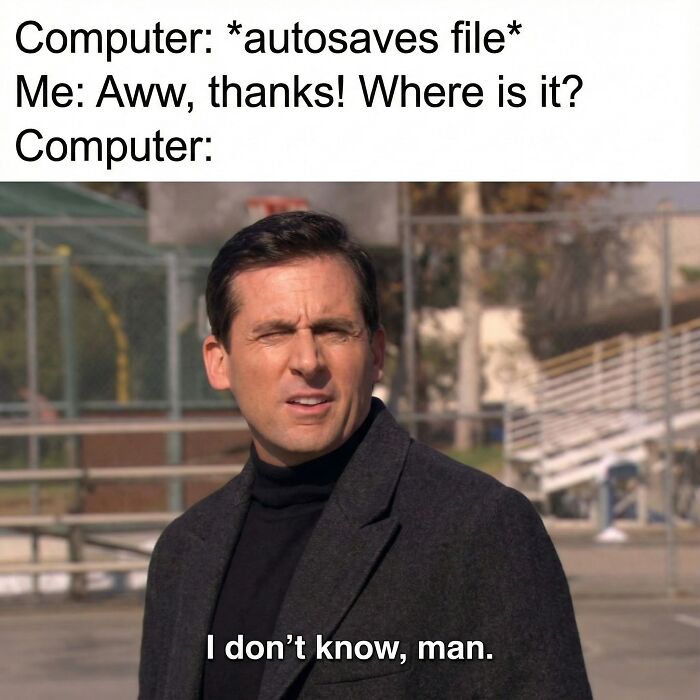 Man squinting and confused outdoors, illustrating the randomness of funny memes about computers autosaving files.