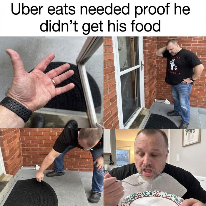 Four-panel funny meme showing a man proving he didn’t receive his food, illustrating randomness and humor in everyday situations.