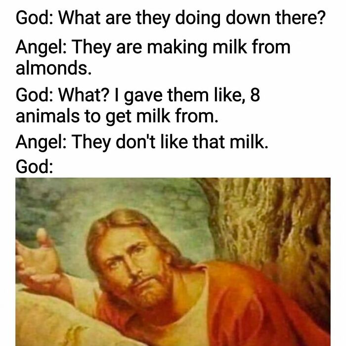 Funny meme showing a confused Jesus reacting to almond milk while discussing animals and milk humorously.