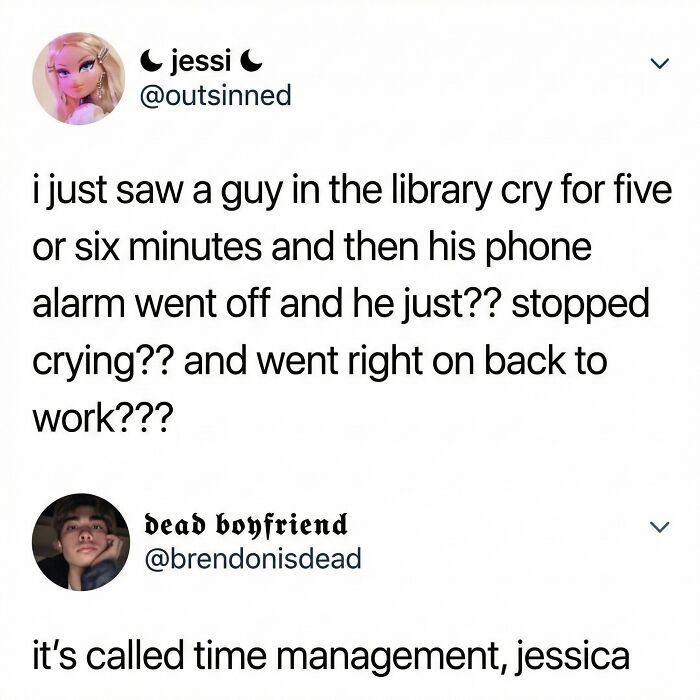 Tweet conversation about a guy crying in the library and stopping when his phone alarm goes off, showcasing funny memes randomness.