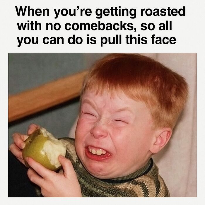 Funny meme of a kid making a silly face while holding a bitten apple, capturing random humor and expressions.