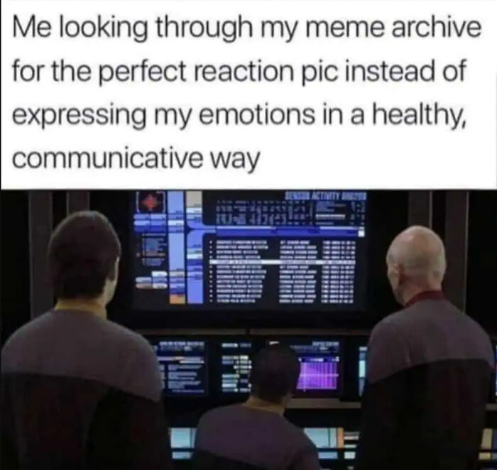 Three characters from science fiction series studying data screens with caption about finding perfect reaction meme for relatable science fiction nerds.