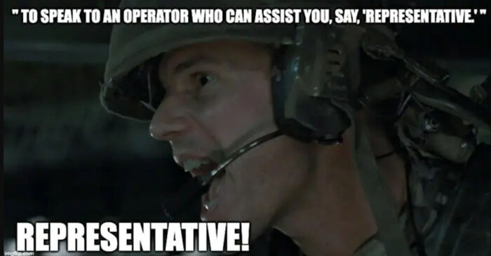 Soldier shouting representative in a headset during a scene, funny and relatable memes for science fiction nerds.