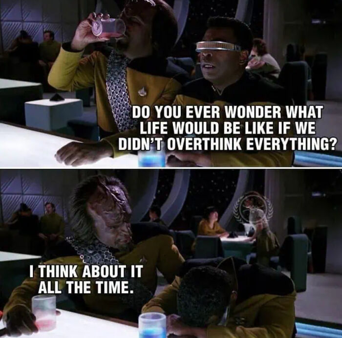 Two Star Trek characters in a futuristic setting with a funny and relatable meme for science fiction nerds.