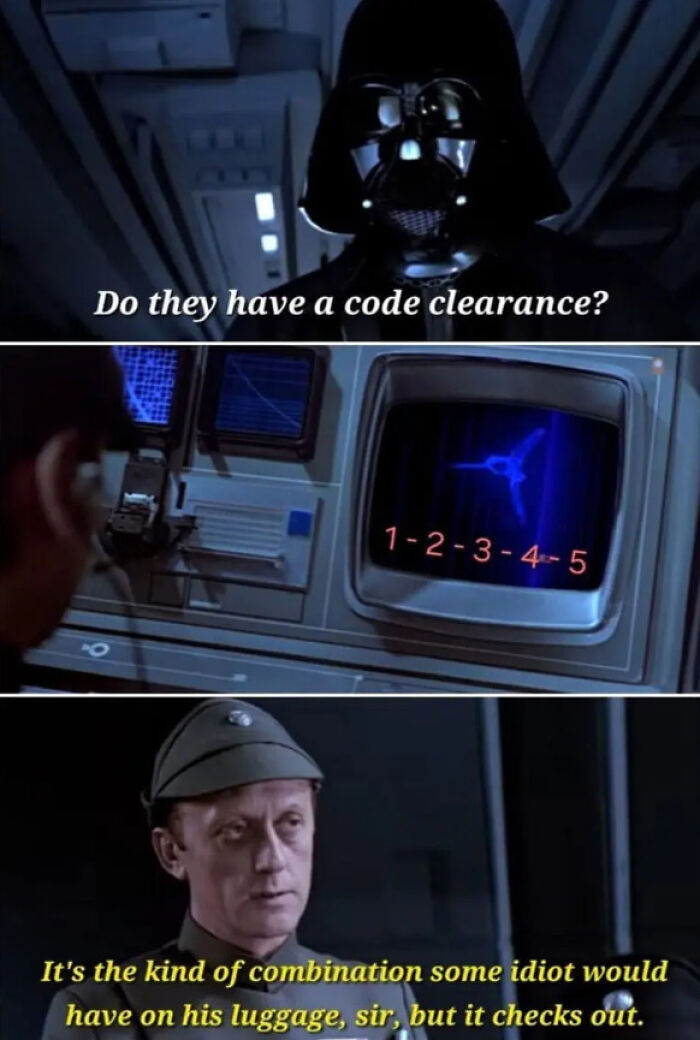 Darth Vader and officer discussing code clearance and combination in a funny and relatable science fiction meme.