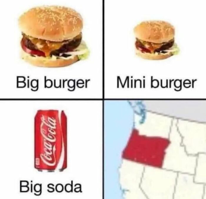 Image showing a meme comparing sizes of burger and soda with a map, illustrating a brain-breaking reading moment.
