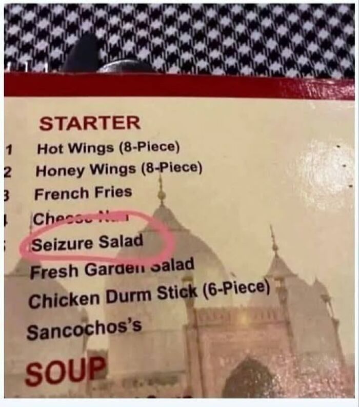 Menu with a circled item labeled Seizure Salad causing confusion and humor about reading misunderstandings.