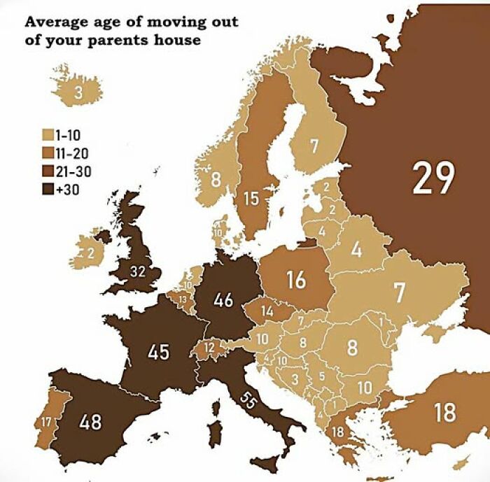 Map of average age of moving out of parents house across Europe with varying age ranges indicated by color.