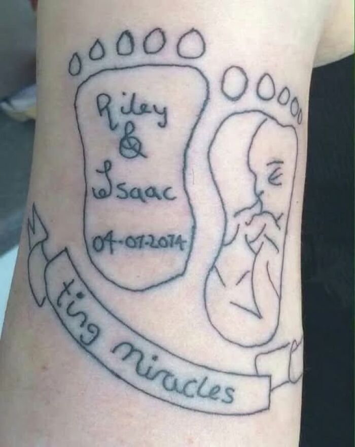 Tattoo of baby footprints with names and date, alongside a fetus outline and banner, illustrating people breaking their brain to understand.