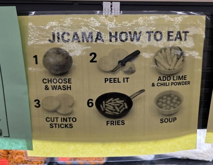 Step-by-step visual guide showing how to eat jicama with peel, cut sticks, lime, chili, fries, and soup options.