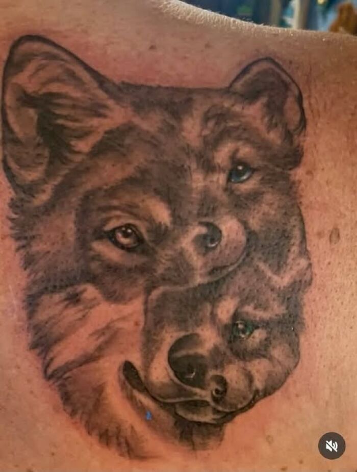 Tattoo of two overlapping wolf faces with mismatched eyes, showing a confusing and perplexing design to understand.