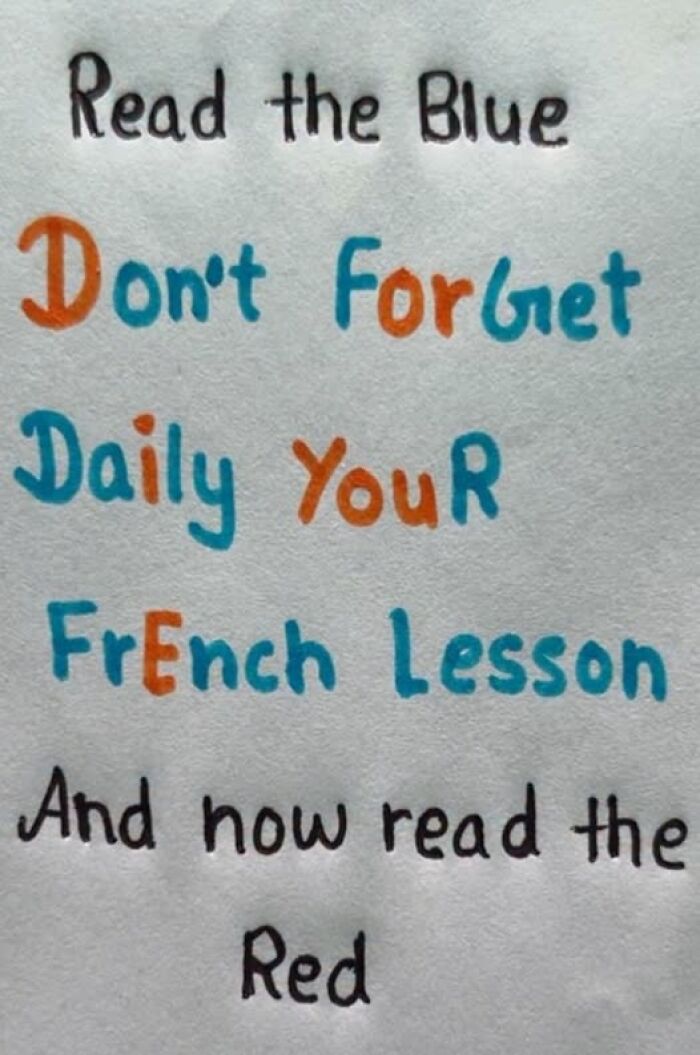 Handwritten colorful text illusion challenging readers to understand what they read, illustrating brain breaks and reading confusion.